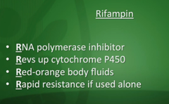 <p>rifampin</p><p>cap: 150mg, 300mg </p><p>flu like syndrome</p><p>discolor</p><p>hepatox</p>