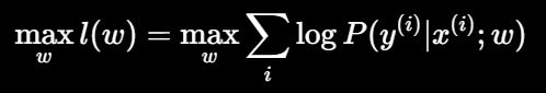 <ul><li><p>Use maximum likelihood estimation (check formula img)</p></li><li><p>Choose the weights <em>w</em> that make the observed correct classes as probable as possible</p></li></ul><p></p><p>Simple idea: Choose <em>w</em> that gives the training examples the highest likelihood. </p>