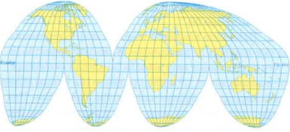 <p>A map projection that avoids shape distortion and the restrictions of a rectangular map by creating “interruptions” in the map’s continuity; in each section, map projection regions are shown “equally”, like an orange peel being laid out in a flat surface</p>