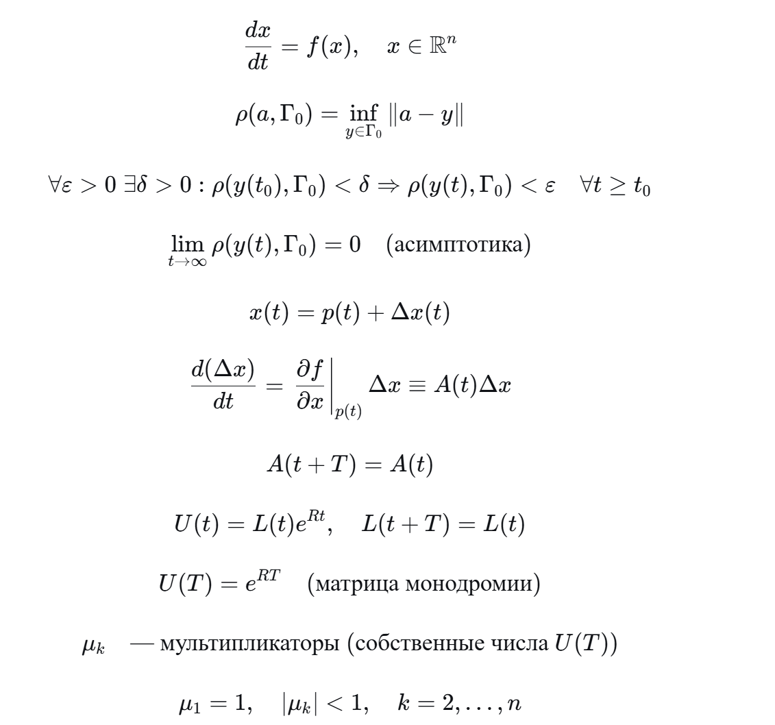 <p>Рассматривается система dx/dt = f(x). Пусть x(t) – периодическое решение с периодом T, Г0 – его траектория. Расстояние от точки a до траектории Г0 – это минимальное евклидово расстояние от a до любой точки на Г0.</p><p class="ds-markdown-paragraph">Решение x(t) называется орбитально устойчивым, если для любого положительного эпсилон найдётся положительное дельта такое, что если начальное расстояние другого решения y(t) до траектории Г0 меньше дельта, то при всех t больше или равно t0 расстояние от y(t) до Г0 меньше эпсилон. Если вдобавок расстояние стремится к нулю при t стремящемся к бесконечности, то решение асимптотически орбитально устойчиво. Замкнутая орбитально устойчивая траектория называется устойчивым предельным циклом.</p><p class="ds-markdown-paragraph">Уравнение в вариациях получается при подстановке x(t) = p(t) + Δx(t) в исходную систему и линеаризации. Оно имеет вид d(Δx)/dt = A(t) Δx, где A(t) – матрица Якоби, вычисленная на периодическом решении p(t). Эта матрица периодическая с периодом T.</p><p class="ds-markdown-paragraph">Для линейной системы с периодическими коэффициентами фундаментальная матрица представляется в виде L(t) e^{Rt}, где L(t) – периодическая, R – постоянная. Матрица монодромии U(T) = e^{RT} имеет собственные числа – мультипликаторы. Один мультипликатор всегда равен 1 (соответствует направлению вдоль траектории).</p><p class="ds-markdown-paragraph">Критерий орбитальной устойчивости: все мультипликаторы по модулю меньше единицы, кроме одного, равного единице.</p>