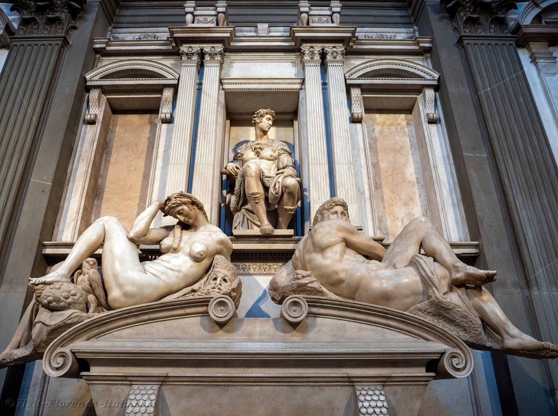 <p>1524-1536, Michelangelo, has the Night and Day sculptures, s<span>ymbolize the relentless passage of time</span></p><p><span><strong>Night (Left):</strong> A female figure depicted sleeping, recognized by symbols like a mask (dreams), an owl, and poppies. She is often noted for her elegant yet complex "twisted" form.</span></p><ul><li><p><span><strong>Day (Right):</strong> A male figure shown with his body contorted away from the viewer, looking back over his shoulder, often interpreted as a tense, powerful figure symbolizing the "action" of life.</span></p></li></ul><p></p>