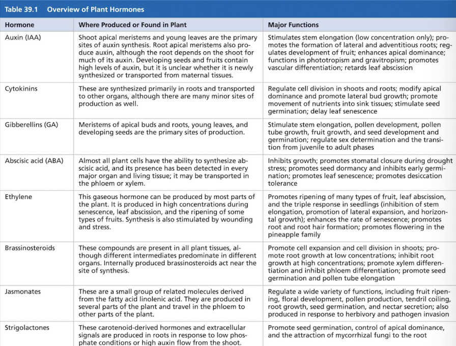 <ul><li><p>plants produce hormones (plant growth regulators) </p><ul><li><p>produced in one tissue/organ and acts on a different one</p></li><li><p>produced in small amounts</p></li></ul></li><li><p>each hormone can have a multitude of effects depending on which tissue it is acting in, its concentration, and the developmental stage of the plant</p></li><li><p>transported in phloem sap</p></li></ul><p></p>