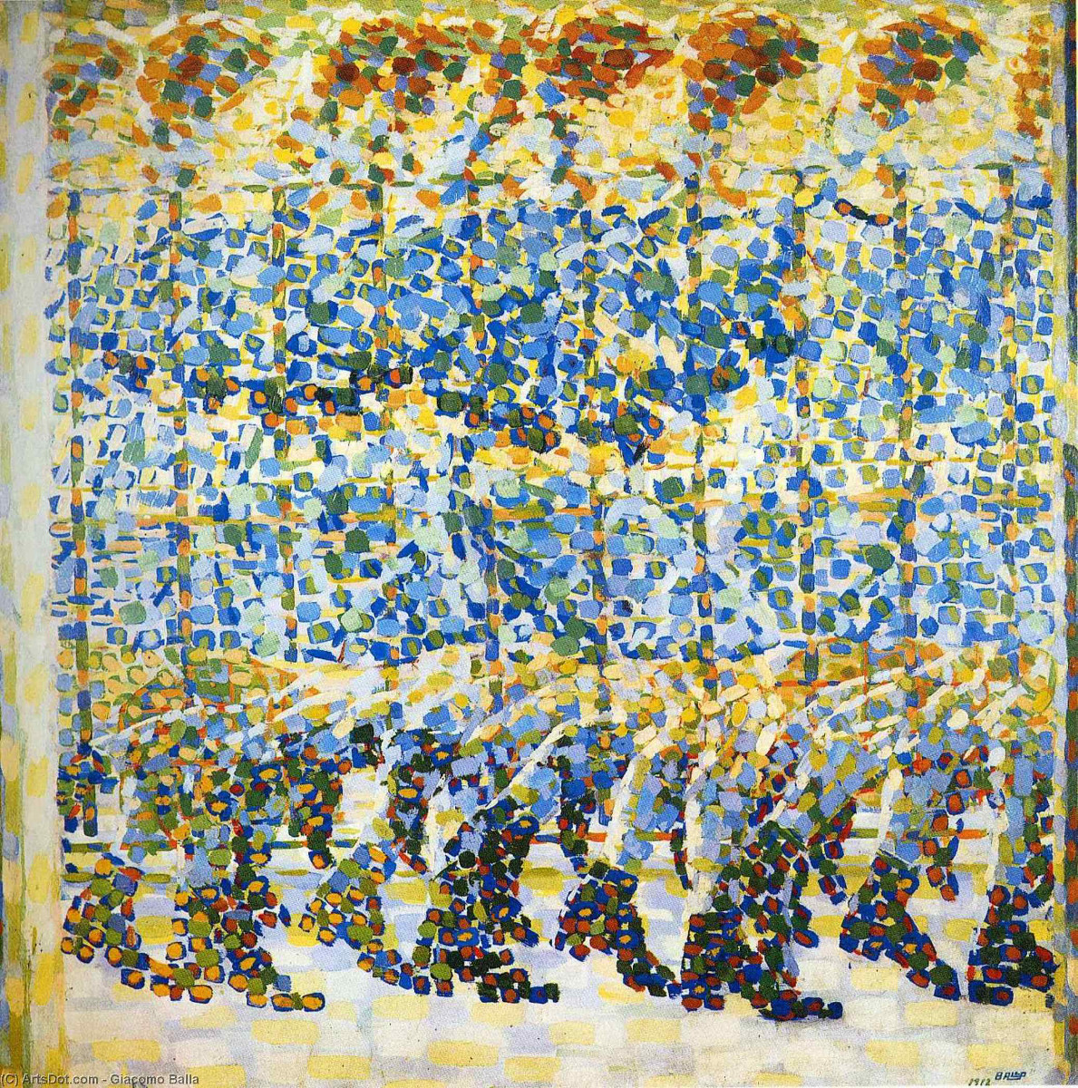 <p>La figura è costruita attraverso una <strong>moltiplicazione delle forme</strong>, ripetute in sequenza per suggerire il <strong>movimento continuo</strong>.</p>