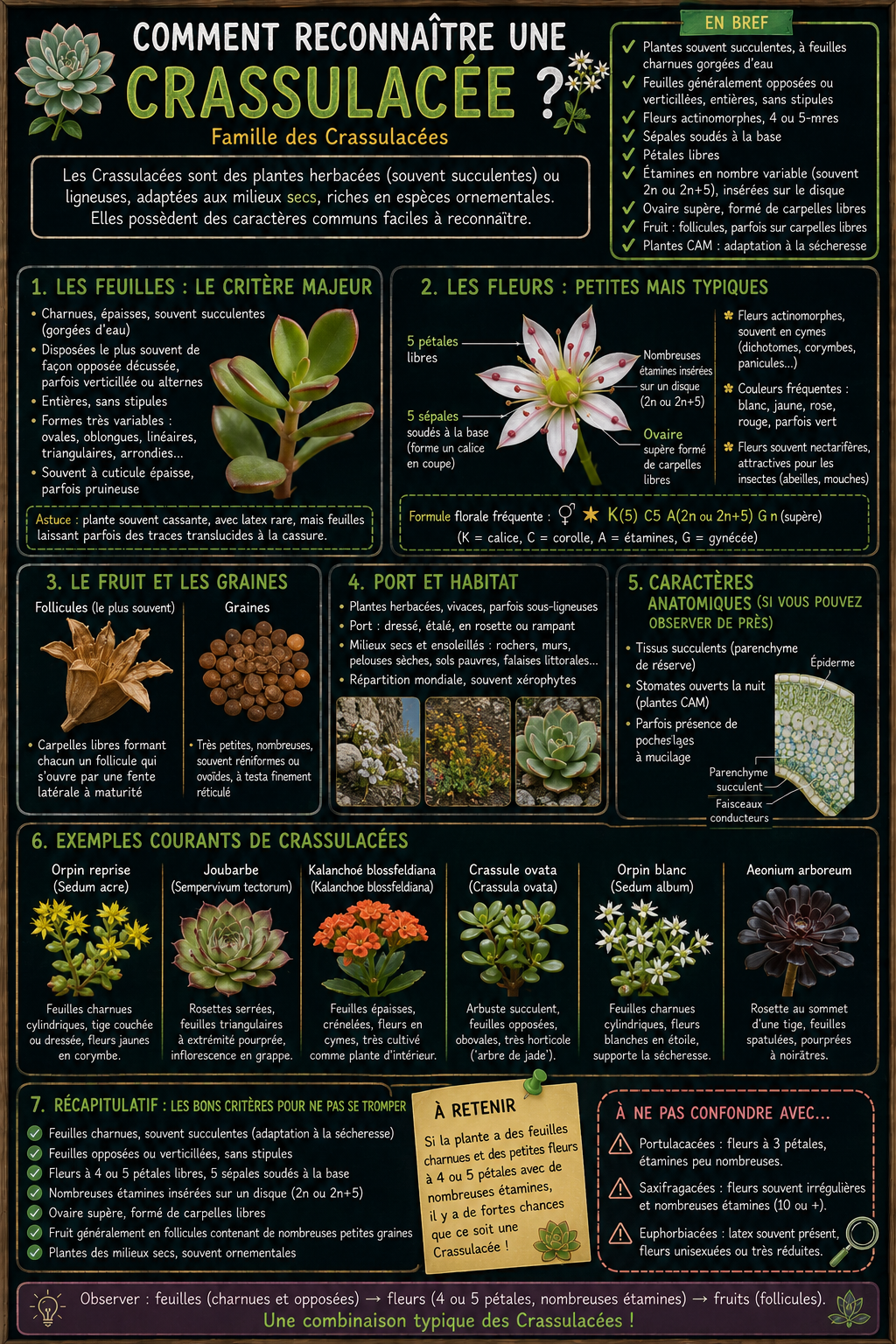 <p>Les Crassulaceae sont des plantes typiquement succulentes, adaptées aux milieux secs. Le premier critère est la présence de feuilles charnues, épaisses, souvent disposées en rosette, avec des nervures peu visibles.</p><p>Les fleurs sont généralement petites, régulières, souvent en forme d’étoile, avec 4 ou 5 pétales libres ou légèrement soudés. Elles possèdent un ovaire supère avec carpelles libres, ce qui est un critère important.</p><p>Les fleurs sont souvent regroupées en inflorescences (corymbes, grappes).</p><p>Le fruit est formé de plusieurs follicules.</p><p>En résumé : feuilles grasses (succulentes) + fleurs étoilées + carpelles libres = Crassulaceae.</p>