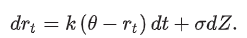 <ul><li><p>Equilibrium model</p></li><li><p>includes mean reversion at speed k</p></li><li><p>The stochastic or volatility term follows a random normal distribution for which the mean is zero and the standard deviation is 1 - can be negative</p></li></ul><p></p>