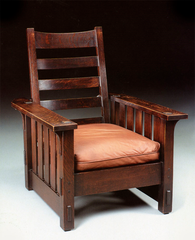 <p>American Arts and Crafts "Craftsman movement" 1902-1908, furniture maker and architect, publish The Craftsman magazine to get interested in style, influenced by Transcendentalism</p><p>simple (but not sticks), handcrafted (no machines or nails, only *wooden pegs and grooves*)</p><p>preferred American wood (tiger oak) and *ammonia fumed* wood instead of painted to maintain natural texture *Truth to Materials*--natural look is beauty *"Mission Style" influence*</p><p>"open floor plan, local materials, built-in furniture", log cabin idea, put Woodworker's compass burnt in with Als Ik Khan--means "to the best of my ability", Log Cabin Idea</p>