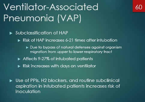 <p><strong><u>intubation (6-21x risk), acid suppressing agents</u></strong></p><p>also (low yield)</p><p><span style="font-family: "Wingdings 3";"><sup>u</sup></span><span style="font-family: "Century Gothic";"><sup>Witnessed aspiration</sup></span></p><p><span style="font-family: "Wingdings 3";"><sup>u</sup></span><span style="font-family: "Century Gothic";"><sup>COPD, ARDS, or coma</sup></span></p><p><span style="font-family: "Wingdings 3";"><sup>u</sup></span><span style="font-family: "Century Gothic";"><sup>Administration of antacids, H2 antagonists, or PPIs</sup></span></p><p><span style="font-family: "Wingdings 3";"><sup>u</sup></span><span style="font-family: "Century Gothic";"><sup>Supine position</sup></span></p><p><span style="font-family: "Wingdings 3";"><sup>u</sup></span><span style="font-family: "Century Gothic";"><sup>Enteral nutrition, nasogastric tube</sup></span></p><p><span style="font-family: "Wingdings 3";"><sup>u</sup></span><span style="font-family: "Century Gothic";"><sup>Reintubation, tracheostomy, or patient transport</sup></span></p><p><span style="font-family: "Wingdings 3";"><sup>u</sup></span><span style="font-family: "Century Gothic";"><sup>Head trauma, ICP monitoring</sup></span></p><p><span style="font-family: "Wingdings 3";"><sup>u</sup></span><span style="font-family: "Century Gothic";"><sup>Age > 60 years</sup></span></p><p>see image</p>