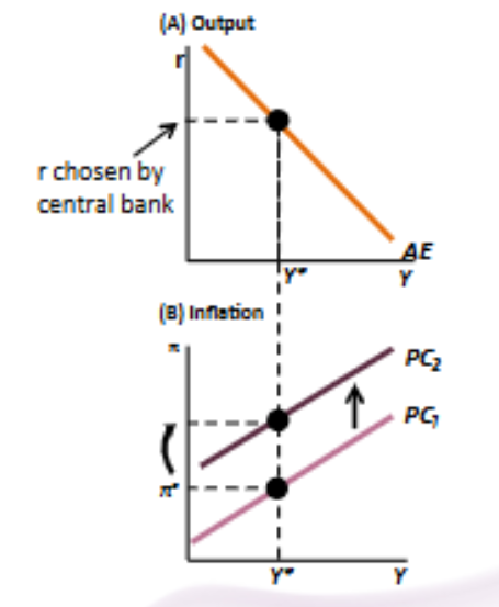 <p>After an supply shock if real interest rate is unchanged then output remains constant but inflation rises</p>