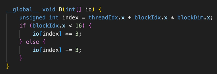 <p>Which of the following CUDA kernels could possibly have control divergence? Assuming warp size is 32. And exclude all overflow/underflow scenarios.</p>