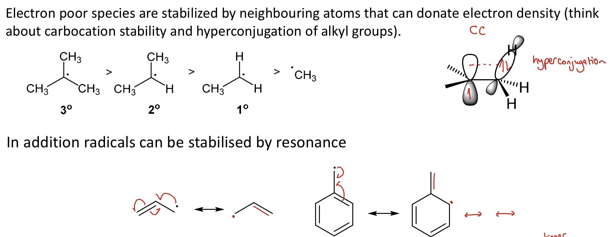 <p>Stabilised by neighbouring atoms that can donate e- density (think CC stability and hyperconjugation of alkyl grps)</p><p>Also by resonance</p>