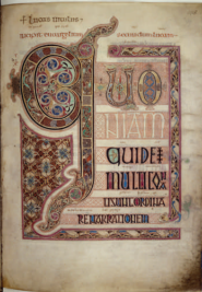 <p>Title: Lindisfarne Gospels </p><p>Artist: Unknown</p><p>Cultural/Art History Period: Early medieval Europe</p><p>Medium: illuminated manuscript (ink, pigments, and gold on vellum)</p>