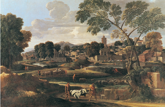 <p>Nicolas Poussin 1648, oil om canvas </p><p>-depicts the funeral procession of Phocion, a virtuous Athenian statesman from the 4th century BC </p><p>-idealization of the past and Phocion, and life of people from the past </p><p><span> </span><strong>landscape and history painting</strong></p>