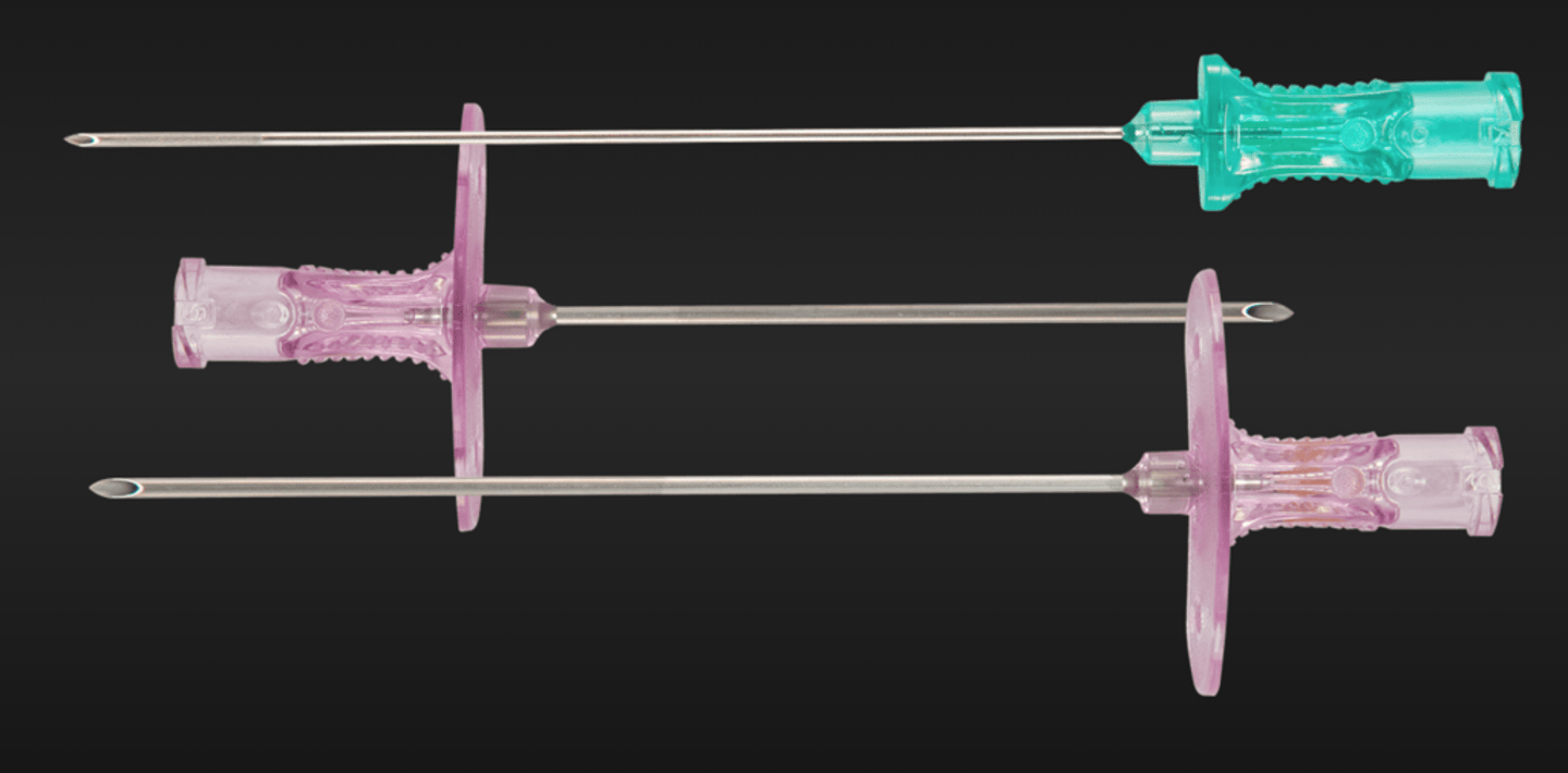 <p>-used to introduce a plastic indwelling catheter into vessel</p><p>-angio-cath: iv fluids</p><p>-arterial/cannula- used to obtain arterial blood gases or are attached to a line leading to a transducer to directly monitor arterial BP.</p><p>-potts and cournant: types of arterial needles</p>
