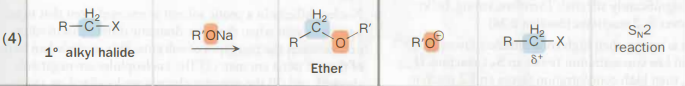 <ul><li><p>R’ONa</p><ul><li><p>An aloxide salt binded to a soluble group 1a element</p></li></ul></li><li><p>S<sub>N</sub>2</p><ul><li><p>Low steric hindrance, therefore S<sub>N</sub>2</p></li><li><p>Also called Williamson ether synthesis</p></li></ul></li></ul><p></p>