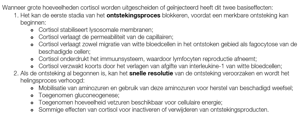 <ol><li><p><strong>eerste stadia van onttekingsproces blokkeren, voordat een merkbare ontsteking kan beginnen</strong></p></li><li><p><strong>Als de ontstking al begonnen is kan het snelle resolutie van de ontsteking veroorzaken.    </strong>                                                                                                                          Daarnaast voorkomt cortisol shock of dood als resultaat van anafylactische reactie, door cortisol de ontseking kan verlagen en afgifte van ontstekingsproducten ook. Corisol kan ook gebruikt worden om immuunsysteem te odnerdrukken bij transplantatie (hormoon kan immuuncellen verlagen)</p></li></ol><p></p>