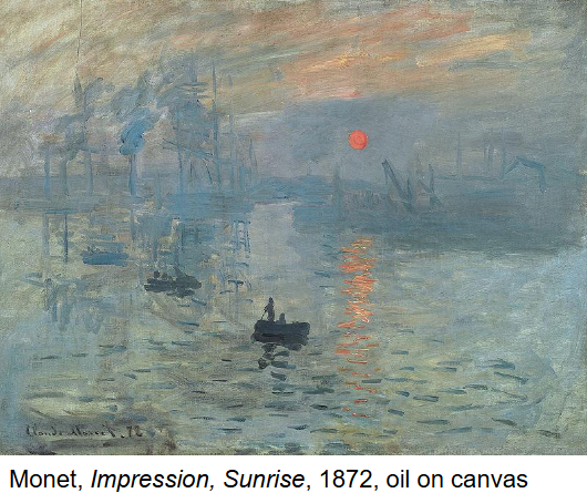 <p><strong>Identification:</strong></p><ul><li><p>Artist: Monet</p></li><li><p>Title: <em>Impression, Sunrise</em></p></li><li><p>Date: 1872</p></li><li><p>Movement: Impressionism</p></li></ul><p><strong>Historical Context:</strong></p><ul><li><p>The painting was exhibited in the first independent exhibition of a group of artists later known as the Impressionists.</p></li><li><p>These artists formed a society independent from the official Academic Salon, which often rejected their work.</p></li><li><p>The group was centered around places like Argenteuil and held several exhibitions between 1874–1876.</p></li><li><p>The name “Impressionism” comes from a critic, Louis Leroy, who mocked Monet’s painting for looking unfinished.</p></li><li><p>Critics saw the work as careless and unskilled, showing how controversial this new style was.</p></li><li><p>The painting gave <strong>Impressionism its name</strong>, originally used as a criticism.</p></li><li><p>It reflects modern industrial life, including ships and a harbor.</p></li></ul><p><strong>Style:</strong></p><ul><li><p>Painted <strong>en plein air</strong> (outdoors), capturing a real moment directly from observation.</p></li><li><p>Loose, visible brushstrokes with minimal detail.</p></li><li><p>Forms are not clearly defined and seem to dissolve into light and atmosphere.</p></li><li><p>The sun is suggested through color rather than precise shape.</p></li></ul><p><strong>Themes:</strong></p><ul><li><p>The painting captures a <strong>fleeting moment</strong>, especially the effects of light, fog, and atmosphere.</p></li><li><p>It emphasizes how the eye perceives a scene rather than showing exact detail.</p></li><li><p>The work reflects modern life, including industrial elements like ships and smoke.</p></li><li><p>It challenges traditional expectations of art by prioritizing impression over finished detail.</p></li></ul><p></p>