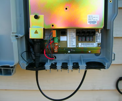 <p>Optical network terminal</p><ul><li><p>Fiber to the premises</p></li></ul><p>Connect the ISP fiber network to the copper network</p><ul><li><p>Demarcation point (demarc)</p></li><li><p>Terminal box on the side of the building</p></li></ul><p>Line of responsibility</p><ul><li><p>One side of the box is the ISP</p></li><li><p>Other side of the box is your network</p></li></ul><p></p>