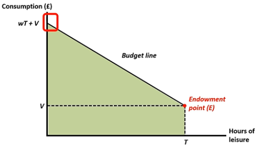<p><strong>C = wh + V</strong></p><ul><li><p>working hours x wage</p></li><li><p>other sources of income</p></li></ul><p><span style="background-color: transparent;"><strong>L = T - h</strong> - For an hour of work, an individual sacrifices an hour of leisure</span></p>