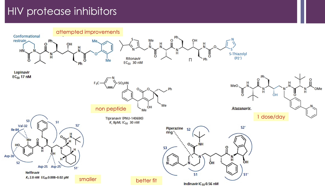 <ul><li><p>restraining its conformation (to the "active" shape to bind more strongly) → Lopinavir and Ritonavir </p></li><li><p>non-peptide species (to prevent hydrolysis) → Tipranavir </p></li><li><p>smaller → Nelfinavir </p></li><li><p>Better fit to enzyme aspartyl protease → Indinavir </p></li><li><p>1 dose/day → Atazanavir </p></li></ul><p></p>