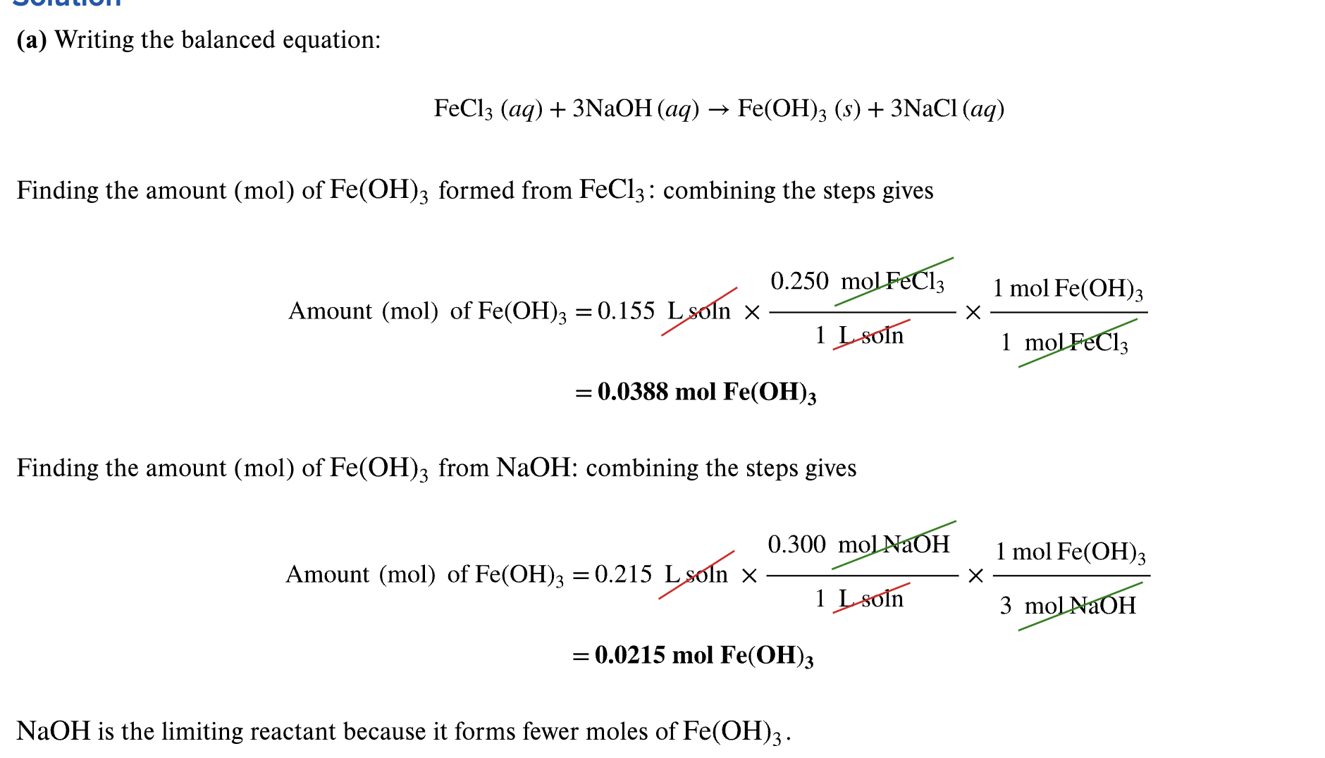 <p>A: Write out the balanced equation: FeCl<sub>3</sub> (aq) + 3NaOH (aq) —> Fe(OH)<sub>3</sub> (s) + 3 NaCl (aq)</p><p>Look at screenshot <br><br>After you find the limiting reactant, use AMU in the flashcard to get <strong>2.30 g Fe(OH)<sub>3</sub></strong></p>