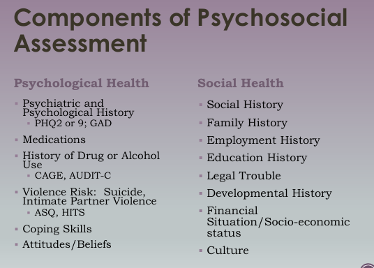 <p>PHQ2 or 9 GAD: Psychiatric and Psychological History</p><p>CAGE: Alcoholism Screening </p><p>AS: Suicide Risk Screening Tool</p><p>HITS: Screening for Domestic Violence</p>