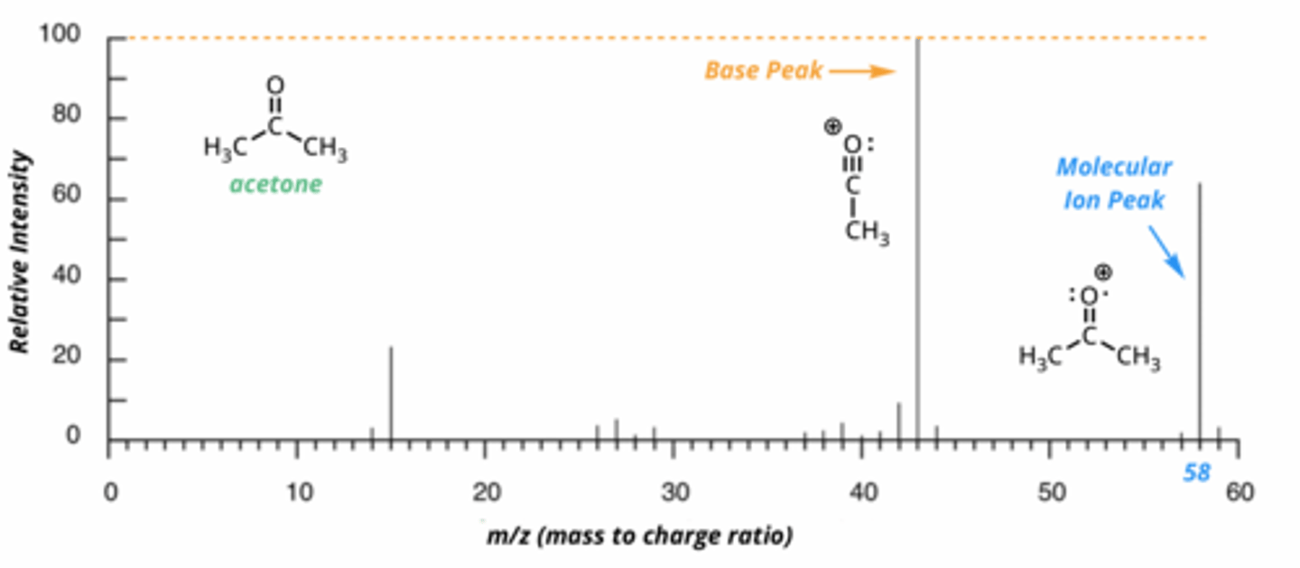<p>it is typically a high peak with the highest m/z ratio (rightmost on the X axis). note that the base peak and molecular ion peak are often NOT the same peak.</p>