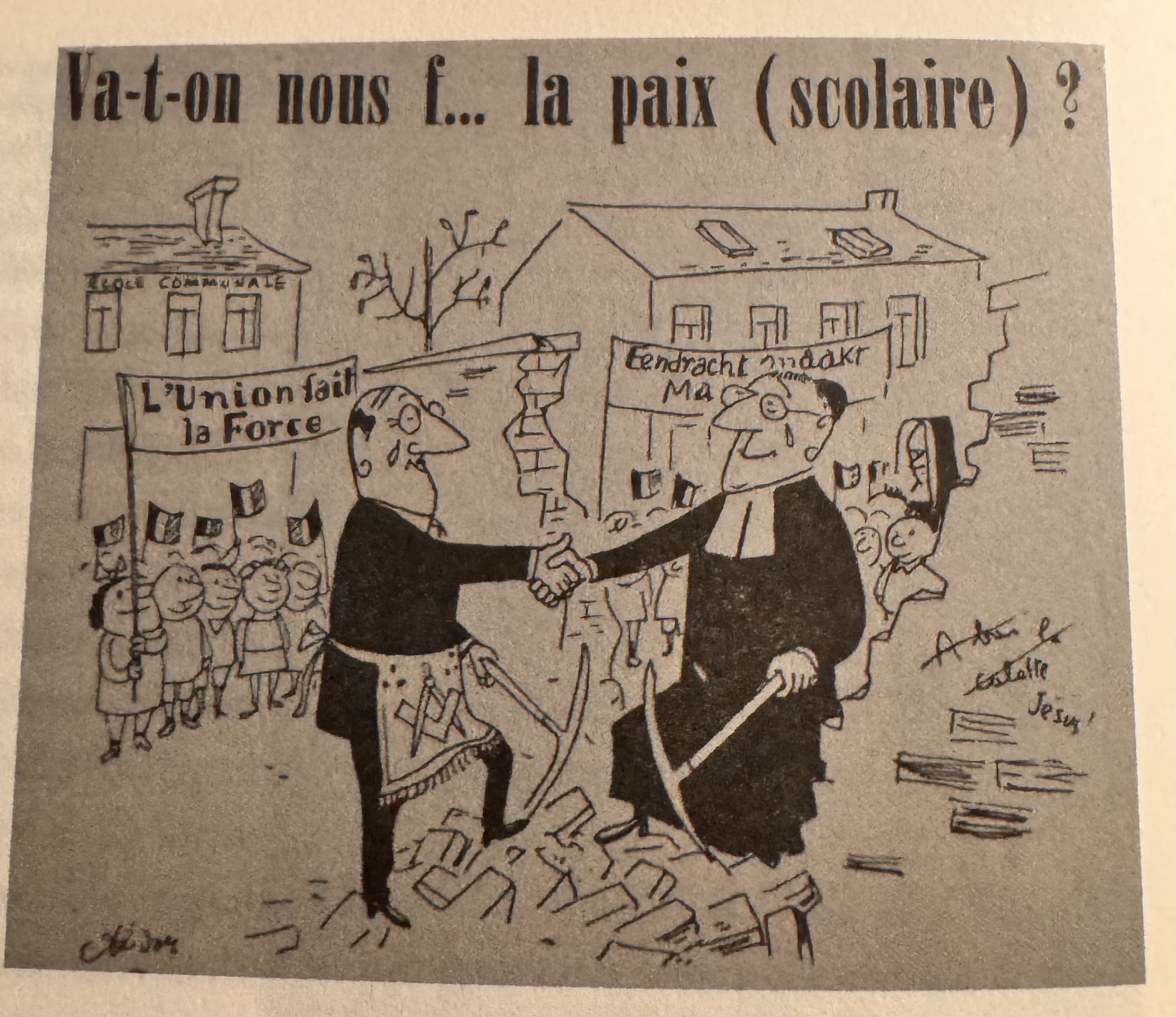 <p>Wat beeldt het spotprentje "Va-t-on nous f… la paix (scolaire)?" uit?</p>