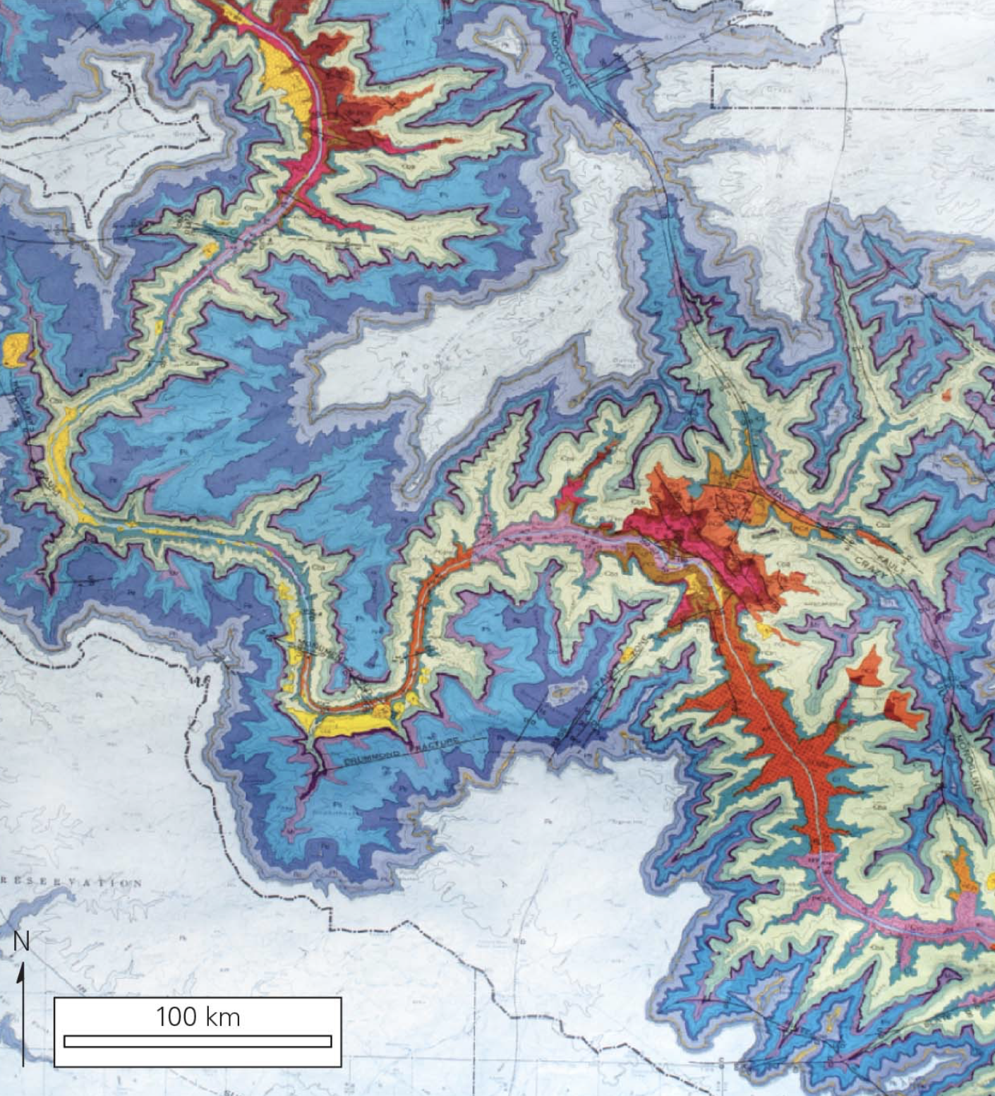 <p>map showing the distribution of rock units and structures across a region</p>