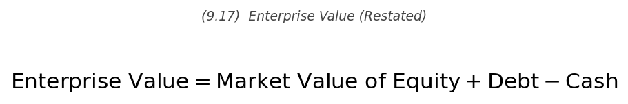 <p>\text{EV} = \text{Market Value of Equity} + \text{Debt} - \text{Cash}</p>