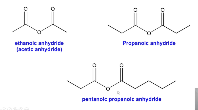 <p>Determine length on either side of the bridging oxygen.</p><p></p><p>Then list both lengths alphabetically, replacing their ending “e” with “<strong>oic” </strong></p><p></p><p>Then write anhydride at the end of the name. </p><p></p><p>“acid”</p>