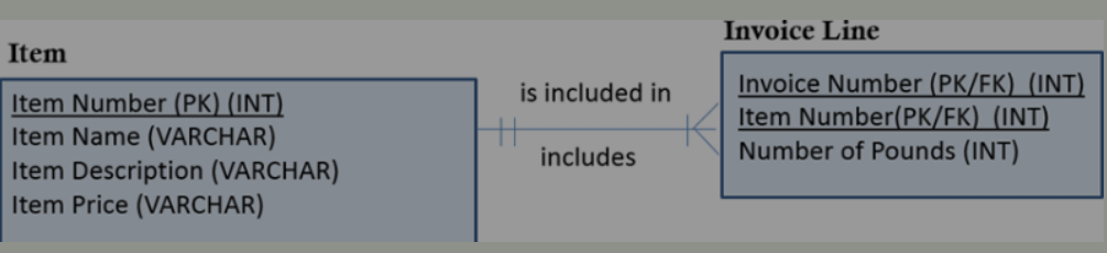 <p>What is the E-R Diagram about an online pet food vendor showing?</p><p>An Invoice Line can include many Items.</p><p>An item can only be included in one Invoice Line.</p><p>One Invoice Line must include a minimum of one and a maximum of one Item.</p><p>The relationship between Item and Invoice Line is many-to-many.</p>