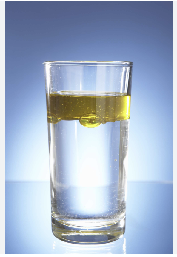 <p>Water sinks, oil floats</p>