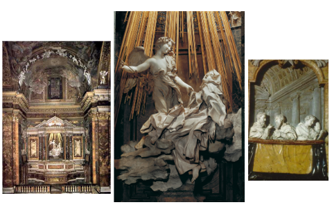 <p>Gian Lorenzo Bernini (1645–1652), in Santa Maria della Vittoria,</p><p>-represents how Viewers don’t just look they feel like they’re witnessing an event</p><p>-the centerpiece represents Saint Teresa and her interaction with an angle, and her divine love for God. </p><p>-member of the Cornaro family (the commissioners) are sculpted in side boxes like an audience</p><p>-the sculpture is emotional to show god’s love, as a counter catholic reformation</p>