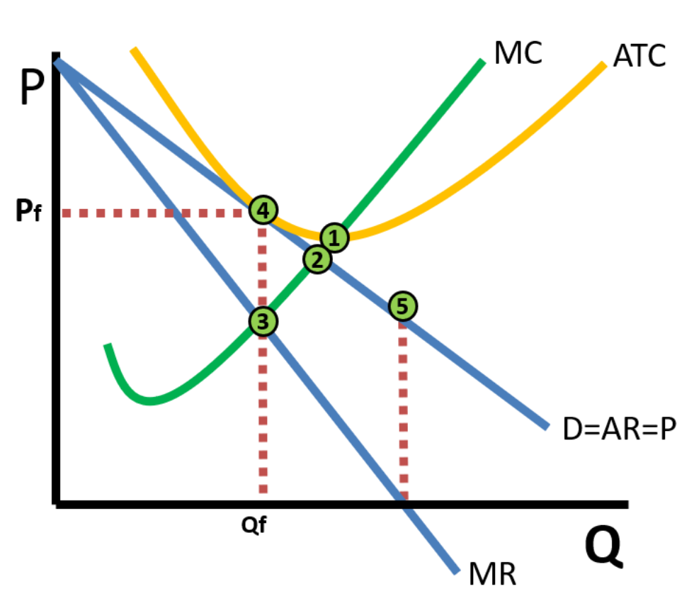<p><span>1.Productive efficient point</span><br><span>(Minimum of ATC)</span><br><span>2.Allocative efficient point</span><br><span>(MC=P) quantity below</span><br><span>3.Actual output (MR=MC) and price (DARP above MR=MC at point 4)</span><br><span>5.Unit elastic portion of the demand curve (where MR equals zero at that quantity). Demand is inelastic below and elastic above this point.</span></p>