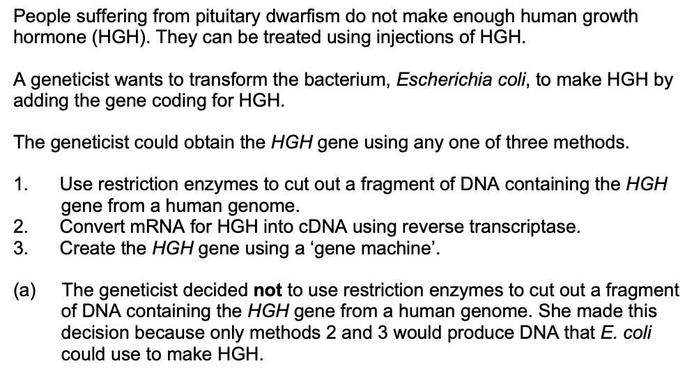 <p>explain why only methods 2 and 3 would produce DNA that E. coli could use to make HGH (2) </p>