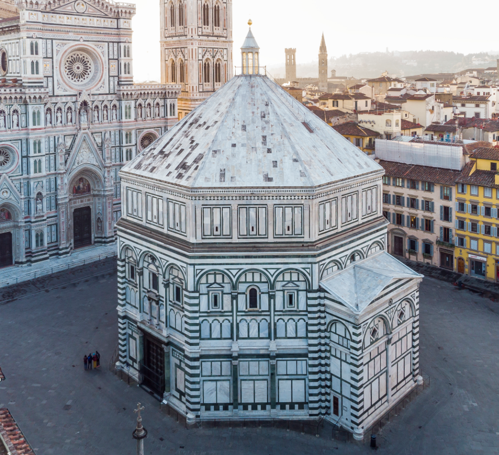 <p>baptistery of florence, romanesque building</p><p>next to the florence cathedral (brunelleschi’s dome)</p><p>the bronze doors // gates of paradise (by ghiberti) - that started the renaissance</p>