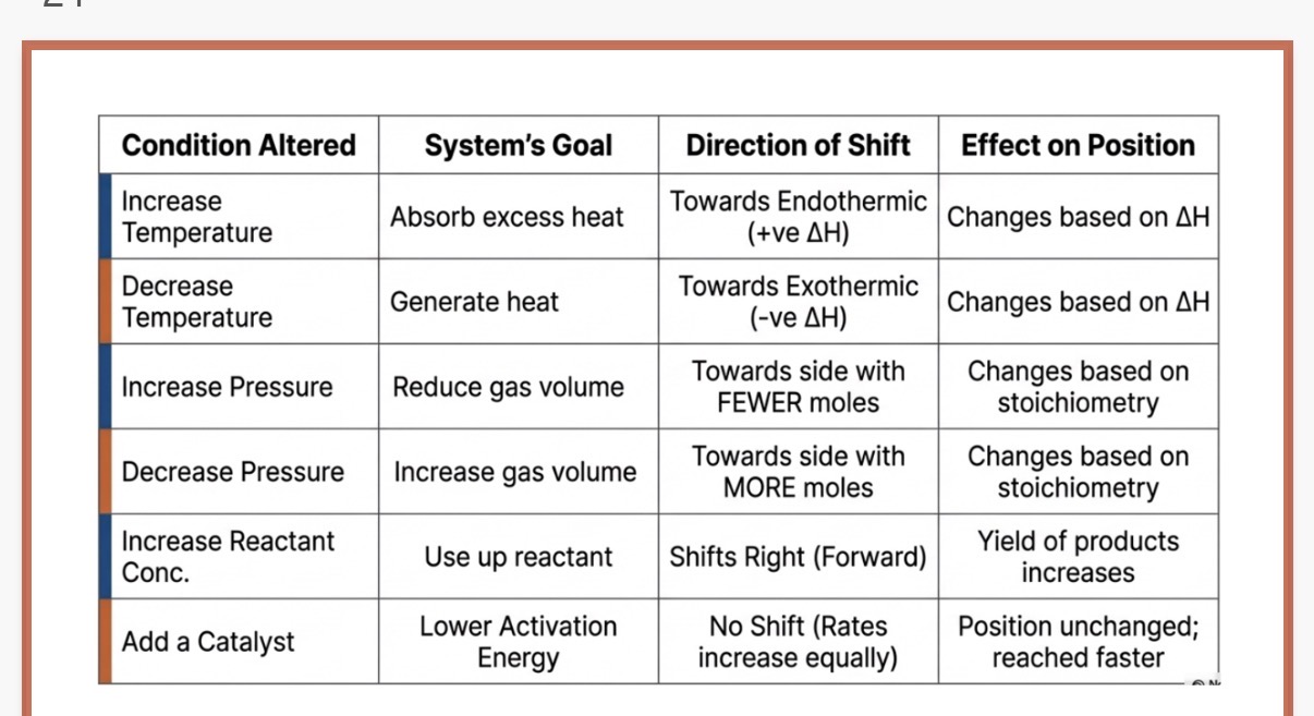 <ol><li><p>Where the rate of the forward and backward reaction are equal in a closed system.</p></li><li><p>A</p></li><li><p>When a system is subjected to a change in temperature, pressure or concentration, the position of equilibrium will shift to counteract(oppose) that change. (So dynamic equilibrium is maintained)</p></li><li><p><span>The position of equilibrium shifts to the </span><strong><span>right</span></strong><span> (toward products) to consume the extra reactant.</span></p></li><li><p><span>The position of equilibrium shifts to the </span><strong><span>left</span></strong><span> (toward reactants) to consume the extra product.</span></p></li><li><p><span>The position of equilibrium shifts to the </span><strong><span>right</span></strong><span> to replace what was lost (this is often used in industry to maximize yield).</span></p></li><li><p><span>The system shifts toward the side with </span><strong><span>fewer moles of gas</span></strong><span> to reduce the pressure.</span></p></li><li><p><span>The system shifts toward the side with </span><strong><span>more moles of gas</span></strong><span> to increase the pressure.</span></p></li><li><p><span>The position of equilibrium shifts to the right (increase in temp always favours the endothermic direction)</span></p></li><li><p><span>Equilibrium shifts to the left(temp decreases favours the exothermic direction)</span></p></li><li><p><span>Equilibrium shifts to the left</span></p></li><li><p><span>No. 13. Lowers</span></p></li></ol><p></p>