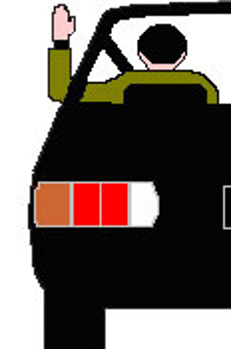 <p>74. The driver's left hand and arm are extended upward. This hand signal means that the driver plans to</p><p>A. Turn left.</p><p>B. Turn right.</p><p>C. Come to a stop.</p><p>D. Go straight ahead.</p>