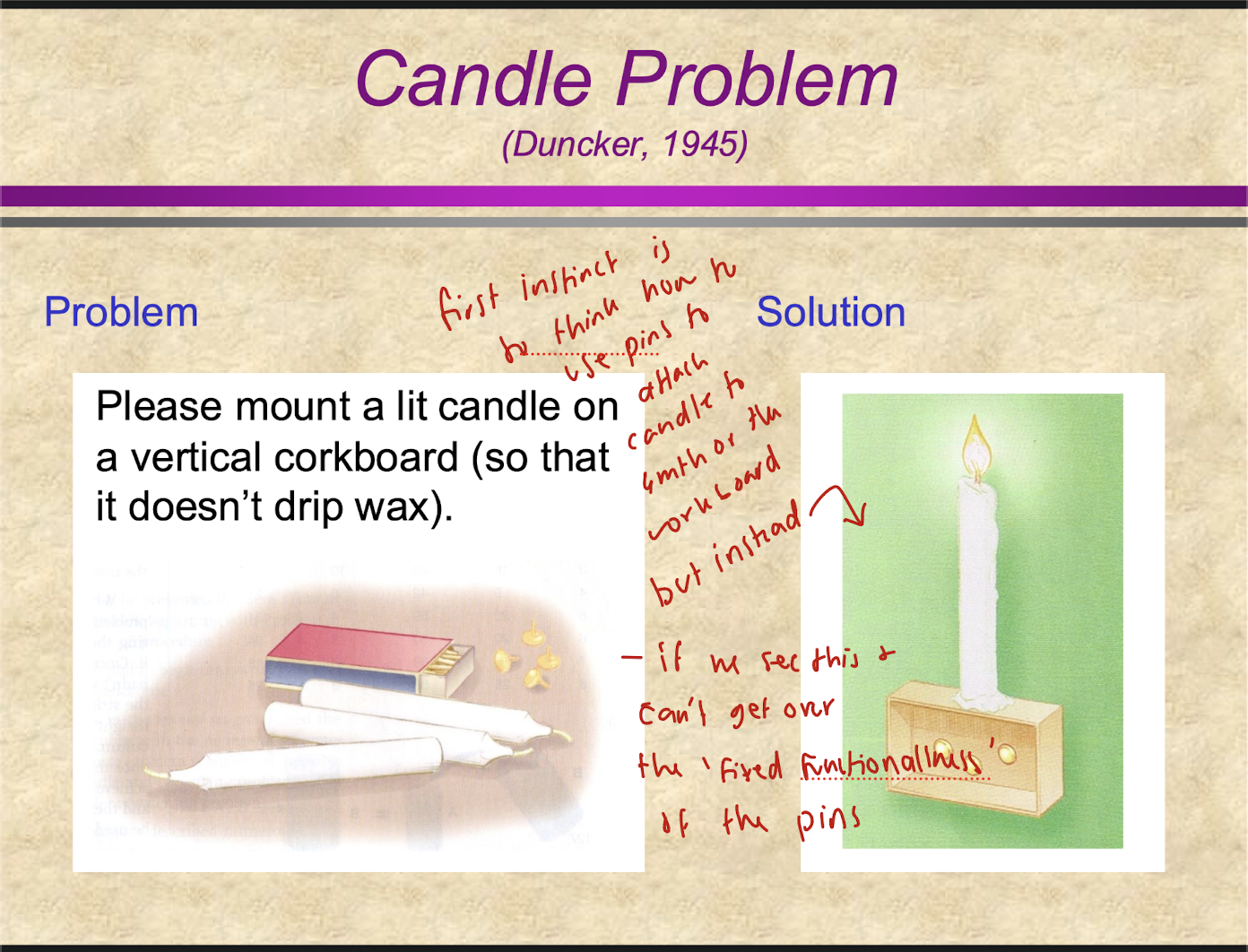 <p>boxes can be represented as containers </p><p>or boxes can be shown empty w materials outside the box…</p><ul><li><p>when boxes shown as empty, % solving problem WAS SIGNIFICANTLY HIGHER because the usual/copventional function of the object was de-emphasized </p></li></ul><p></p>