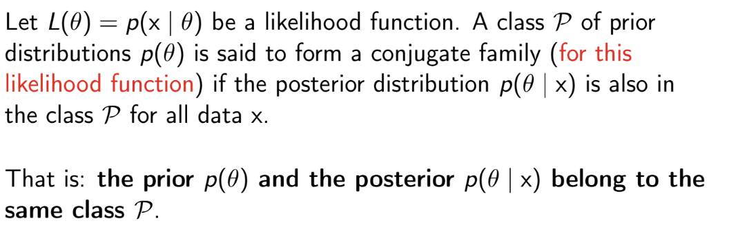<p>A prior is a conjugate prior for a likelihood function $$p(x | \theta)$$ if the prior $$p(\theta)$$ is in the same family of distributions as the posterior $$p(\theta | x)$$</p>