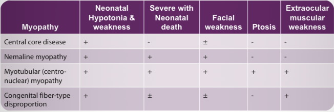<p><span><strong>Definition?</strong> → Non-progressive congenital neuromuscular disorders diagnosed by muscle biopsy.</span></p><p></p><p><span><strong>Central core disease findings?</strong> → Neonatal hypotonia and weakness.</span></p><p></p><p><span><strong>Nemaline myopathy finding?</strong> → Severe neonatal disease with facial weakness.</span></p><p></p><p><span><strong>Myotubular myopathy hallmark?</strong> → Ptosis and extraocular muscle weakness</span></p>