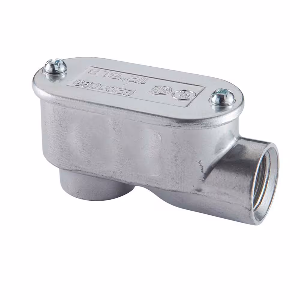 <p>Threaded rigid conduit elbow with female ends and removable cap, used at service entrances to change direction and provide access for wire pulling or splicing.</p>