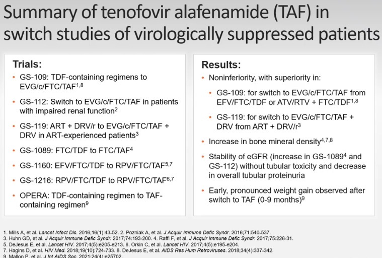 <p>All showed non-inferior or superiority of TAF vs. TDF. </p><p>Increase in bone mineral density</p><p>Stability of eGFR and decrease in tubular proteinuria</p><p>Early weight gain after switch from TDF to TAF (0-9 months)</p>