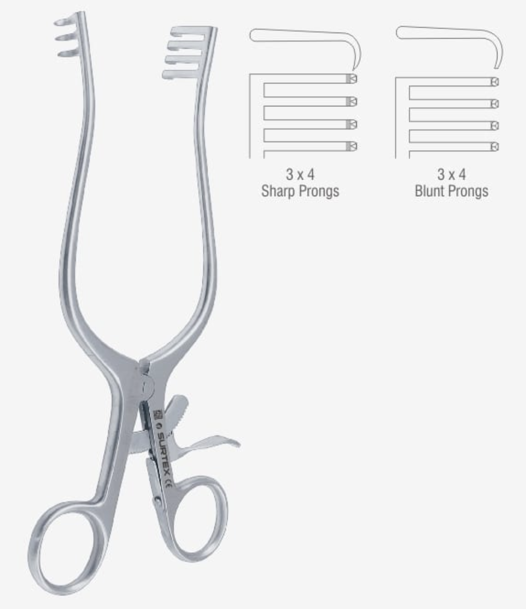 <p>It has curved arms similar to the Gelpi Retractor but instead it has sharp or blunt curved prongs, it has a ratchet - self retaining instrument. It is used to retract soft tissues.</p>