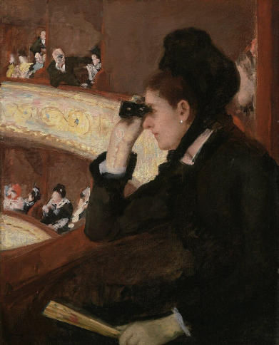 <p><strong>Identification:</strong></p><ul><li><p>Artist: Cassatt</p></li><li><p>Title: <em>In the Loge (At the Opera)</em></p></li><li><p>Date: 1878</p></li><li><p>Movement: Impressionism</p></li></ul><p><strong>Historical Context:</strong></p><ul><li><p>The painting is set in an opera house, a key social and entertainment space in modern Paris.</p></li><li><p>These spaces were not just for watching performances, but also for <strong>being seen and observing others</strong>.</p></li><li><p>Women could attend, but their behavior and appearance were closely watched and judged.</p></li></ul><p><strong>Style:</strong></p><ul><li><p>Clear focus on the female figure in the foreground, with softer, less defined background elements.</p></li><li><p>Use of light and contrast draws attention to her face and dress.</p></li><li><p>The composition creates a layered scene, showing both the woman and the man observing her.</p></li></ul><p><strong>Themes:</strong></p><ul><li><p>The painting explores <strong>looking and being looked at</strong>.</p></li><li><p>The woman is actively watching the performance, but she is also being watched by a man in the background.</p></li><li><p>This creates a sense of the <strong>male gaze</strong>, where women are observed and judged in public spaces.</p></li><li><p>The woman appears aware and composed, suggesting she understands she is being seen.</p></li><li><p>The work highlights the tension between <strong>public appearance and inner experience</strong>, as women had to carefully manage how they presented themselves.</p></li><li><p>It reflects the complexities of being a woman in modern urban society, where visibility brings both freedom and pressure.</p></li></ul><p></p>