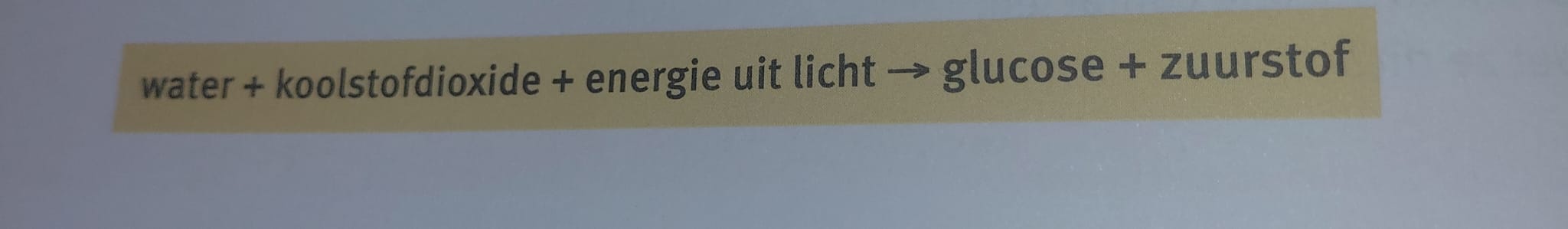 <p>water + koolstofdioxide + energie uit licht → glucose + zuurstof</p>