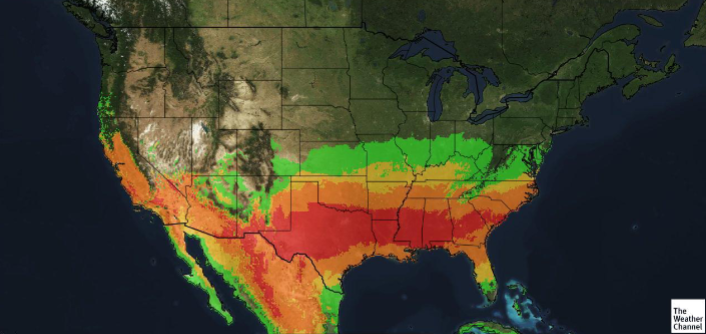 <p>The southern U.S.; a horizontal band of high tree pollen; upward</p>