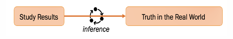 <p>drawing conclusions about the truth in the real world based on limited info, using logical reasoning</p><ul><li><p>multiple inferences made when interpreting research findings</p></li><li><p>inferences about real world acceptable if researchers selected appropriate proxies (appropriate sample, appropriate scales, statistical tests) and have controlled sources of bias</p></li></ul><p></p>