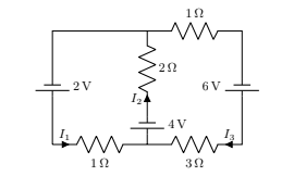 <p>6 − I<sub>2</sub> − 2I<sub>2</sub> = 0</p>