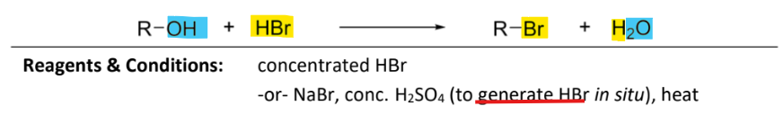 <p>RnCs: concentrated HBr (aka hydrobromic acid)</p><p>or NaBr, conc, H2So4 (to generate HBr), heat</p>